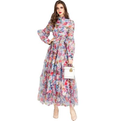 Summer Designer Fashion long dress for women Lantern sleeve vintage Folds mesh print Patch Designs ruffles maxi dress