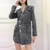 Women's black denim slim mini dress with V-neck and long sleeves - detail view 6