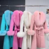 Women's handmade wool coat with real fox fur collar in Blue, Rose Red, Pink, and White - front view