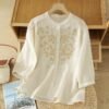 Women Linen Shirt with Floral Embroidery, Loose Fit Retro Cotton Linen Long Sleeve Top - Image 4