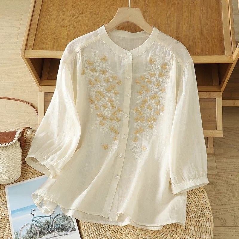 Women Linen Shirt with Floral Embroidery, Loose Fit Retro Cotton Linen Long Sleeve Top - Image 4