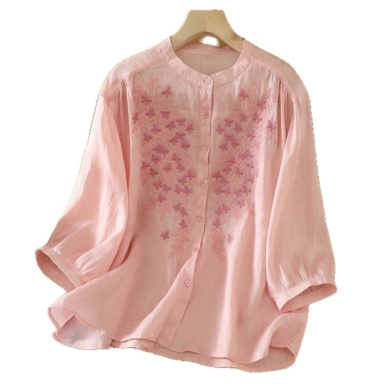 Women Linen Shirt with Floral Embroidery, Loose Fit Retro Cotton Linen Long Sleeve Top - Image 5