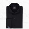 Black Men’s Dress Shirt Cutaway Collar French Cuffs by Panache Bespoke made from 100% Giza cotton poplin, featuring a cutaway collar, French cuffs, French placket, no pocket, smooth back, and luxury formal tailoring for weddings, business, evening wear, and custom slim fit styling.