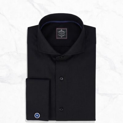 Black Men’s Dress Shirt Cutaway Collar French Cuffs by Panache Bespoke made from 100% Giza cotton poplin, featuring a cutaway collar, French cuffs, French placket, no pocket, smooth back, and luxury formal tailoring for weddings, business, evening wear, and custom slim fit styling.