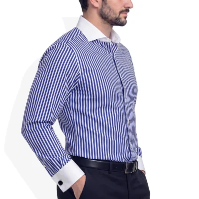 Blue Shirt White Collar and Cuffs in blue and white striped Giza cotton poplin, featuring a white cutaway collar, French cuffs, and formal men’s dress shirt styling.