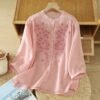 Women Linen Shirt with Floral Embroidery, Loose Fit Retro Cotton Linen Long Sleeve Top - Image 2