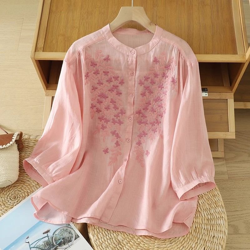 Women Linen Shirt with Floral Embroidery, Loose Fit Retro Cotton Linen Long Sleeve Top - Image 2