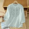 Women Linen Shirt with Floral Embroidery, Loose Fit Retro Cotton Linen Long Sleeve Top - Image 6