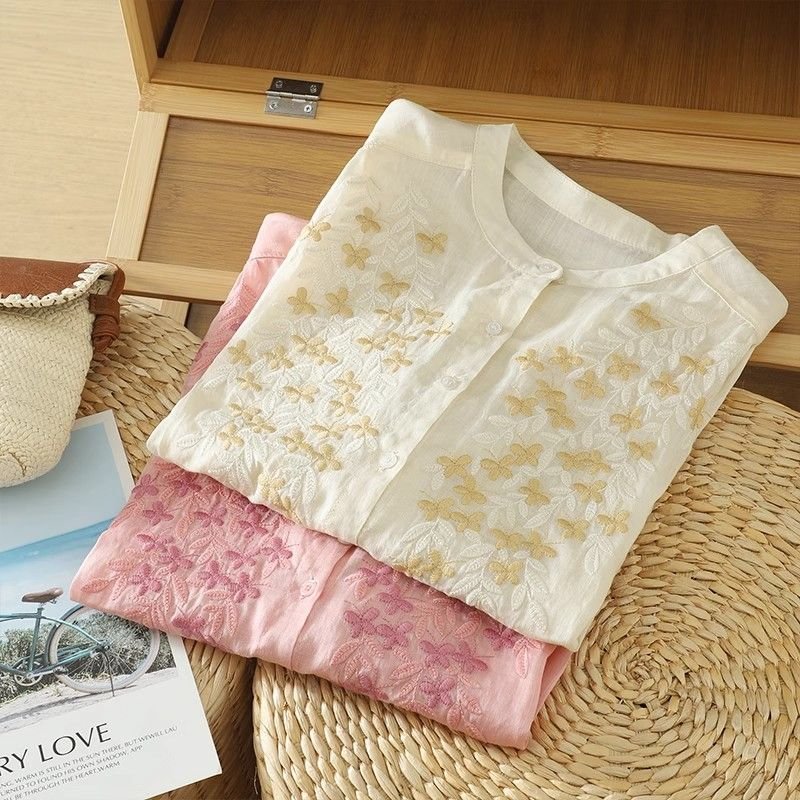 Women Linen Shirt with Floral Embroidery, Loose Fit Retro Cotton Linen Long Sleeve Top - Image 3
