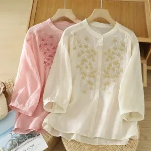 Women Linen Shirt with Floral Embroidery, Loose Fit Retro Cotton Linen Long Sleeve Top
