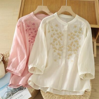 Women Linen Shirt with Floral Embroidery
