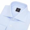Close-up of Light Blue Royal Oxford Dress Shirt Mens collar, showing luxury Giza cotton Royal Oxford weave texture, wide spread collar shape, button detail, and Panache Bespoke label.