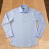 Light Blue Royal Oxford Dress Shirt Mens by Panache Bespoke, displayed open on a wooden table with wide spread collar, French placket, round cuffs, and clean formal no-pocket front.