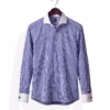 Blue and white striped men’s dress shirt with white cutaway collar and French cuffs, made from 100% Giza cotton poplin for formal office and wedding wear.