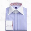 Formal dress shirts blue striped men’s Giza cotton shirt with white high collar, 3-button angled cuff, floral contrast lining, no pocket, and clean tailored front.