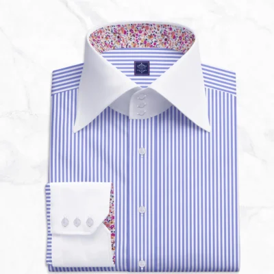 Formal dress shirts blue striped men’s Giza cotton shirt with white high collar, 3-button angled cuff, floral contrast lining, no pocket, and clean tailored front.