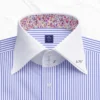 Formal dress shirts blue striped collar close-up with white 3-button medium spread collar, 3.75-inch wings, 2-inch band height, and floral inner contrast.