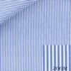 Formal dress shirts blue striped Giza cotton fabric close-up showing fine light blue and white vertical stripes with premium smooth weave detail.