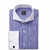 Close-up of Blue Shirt White Collar and Cuffs showing the white cutaway collar with collar stays, blue striped fabric, and clean formal tailoring.