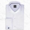 White Dress Shirt Mens by Panache Bespoke, made from luxury white herringbone Giza cotton with a cutaway collar, 3-inch collar wings, French square cuffs, smooth back, French placket front, and no pocket for a clean formal business, wedding, groom, office, and event look.
