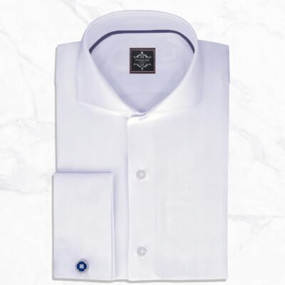 White Dress Shirt Mens by Panache Bespoke, made from luxury white herringbone Giza cotton with a cutaway collar, 3-inch collar wings, French square cuffs, smooth back, French placket front, and no pocket for a clean formal business, wedding, groom, office, and event look.