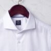 White Dress Shirt Mens by Panache Bespoke, made from luxury white herringbone Giza cotton with a cutaway collar, 3-inch collar wings, French square cuffs, smooth back, French placket front, and no pocket for a clean formal business, wedding, groom, office, and event look.