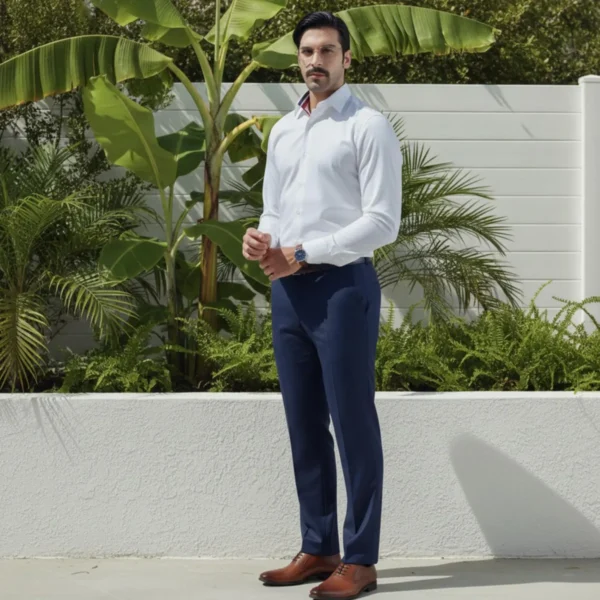 Best White Dress Shirt for Men Giza Cotton Poplin — slim fit model wearing white spread collar shirt navy trousers brown oxford shoes outdoor