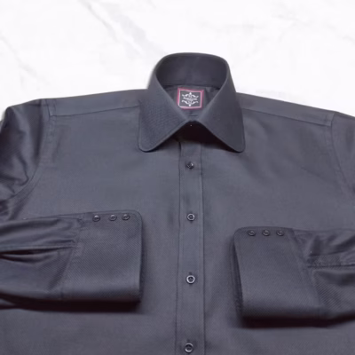 Black Royal Oxford Men's Dress Shirt by Panache Bespoke featuring a clean pocketless front and tall formal high collar.