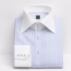 Men's Blue Stripes High Collar Dress Shirt in 100% Giza cotton poplin with a contrasting white tall collar and 3-button angled cuffs by Panache Bespoke.