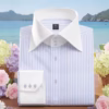 Handcrafted Men's Blue Stripes High Collar Dress Shirt by Panache Bespoke, featuring a highly structured tall collar profile and signature 3-button angled cuffs.