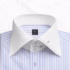 High-end Men's Blue Stripes High Collar Dress Shirt featuring a sharp light blue vertical stripe pattern, clean pocketless front, and a signature high-profile white collar band with three buttons.