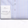 Front view of a folded Men's Blue Stripes High Collar Dress Shirt featuring a crisp white contrast collar and tailored 3-button cuffs.