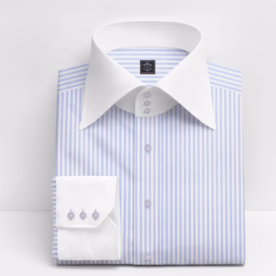 Men's Blue Stripes High Collar Dress Shirt in 100% Giza cotton poplin with a contrasting white tall collar and 3-button angled cuffs by Panache Bespoke.