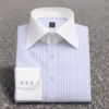 Premium Men's Blue Stripes High Collar Dress Shirt by Panache Bespoke, crafted from 100% Giza cotton poplin with a dramatic high neck and contrasting white collar details.