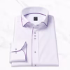 Men's White Twill Dress Shirt Purple Trim — cuff and placket detail purple piping marble background