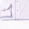 Men's White Giza Cotton Twill Shirt Purple Trim — close-up two-button round cuff with purple edge piping