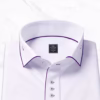 Men's White Giza Cotton Twill Shirt Purple Trim — close-up Collar with purple edge piping