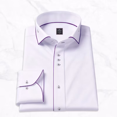 Men's White Twill Dress Shirt Purple Trim — cuff and placket detail purple piping marble background