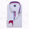 White Dress Shirt for Men with blue and red contrast trim inside collar and button placket, slim fit Giza cotton poplin shirt folded flat on white marble background