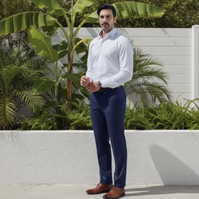Man wearing White Dress Shirt for Men with red and blue trim collar, tucked into navy trousers with brown oxford shoes, standing outdoors near tropical plants