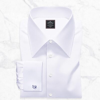 Men’s high collar white dress shirt with French cuffs in 100% Giza cotton poplin by Panache Bespoke