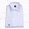 Men's White Giza Cotton Poplin Dress Shirt Spread Collar — folded flat lay French square cuff blue sapphire cufflink Panache Bespoke label marble background