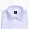 Men's White Giza Cotton Poplin Dress Shirt Spread Collar — close-up medium spread collar 3.5 inch wings Panache Bespoke brand label marble background