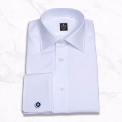 Men's White Giza Cotton Poplin Dress Shirt Spread Collar — folded flat lay French square cuff blue sapphire cufflink Panache Bespoke label marble background