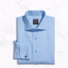 Pale blue mens dress shirt with modern wide spread collar, French round cuffs, custom Giza cotton twill fabric, and clean pocketless design
