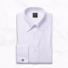 White Pin Collar Dress Shirt for Men in 100% Giza cotton luxury twill with gold collar bar, French round cuffs and French placket, custom made by Panache Bespoke.