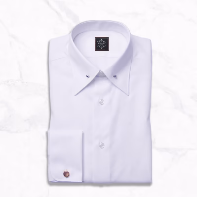 White Pin Collar Dress Shirt for Men in 100% Giza cotton luxury twill with gold collar bar, French round cuffs and French placket, custom made by Panache Bespoke.